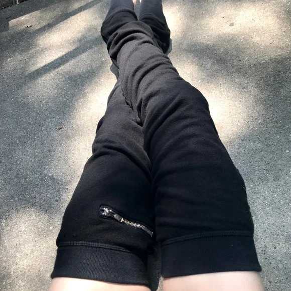 Upcycled Leg Warmers Black Thigh Highs Studded Knee Socks Sweatshirt Zipper Y2k - Picture 13 of 14